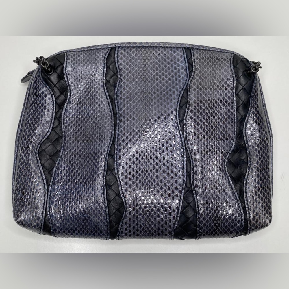 Bottega Veneta Blue Snakeskin and Intrecciato Nodini Leather Crossbody Bag
